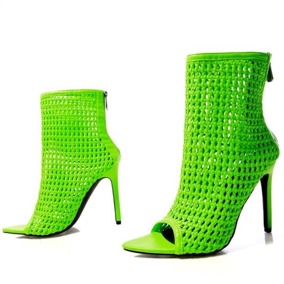 Neon Green Basket Weave Open Toe High Heel Vegan Leather Booties - Picture 1 of 1
